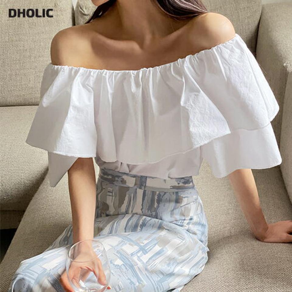 2WAYラッフルブラウス・全2色・b65142 レディース 【bl】【韓国 ファッション トップス ブラウス 半袖 2WAYラウンドネック オフショル ラッフル ルーズ 体型カバー スリム ボリューム ガーリー 夏 春】