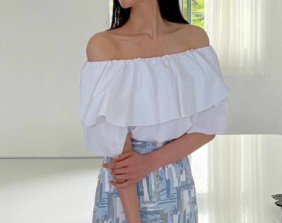 2WAYラッフルブラウス・全2色・b65142 レディース 【bl】【韓国 ファッション トップス ブラウス 半袖 2WAYラウンドネック オフショル ラッフル ルーズ 体型カバー スリム ボリューム ガーリー 夏 春】