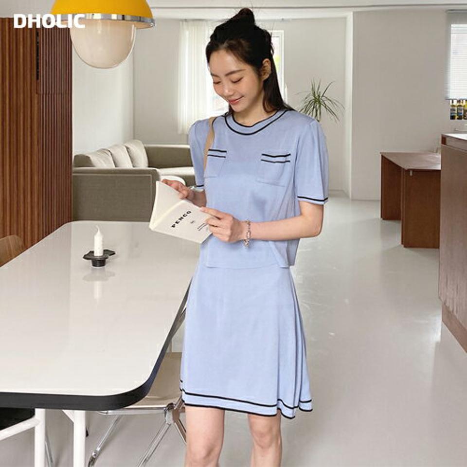 配色ポケットニット&AラインスカートSET・全3色・t65154 レディース 【ops】【韓国 ファッション ワンピース ミニ ミニワンピース 半袖 セット メリハリ 配色 ラウンドネック スカート Aライン セットアップ ライン 体型カバー 細身 ポケット 夏 春】