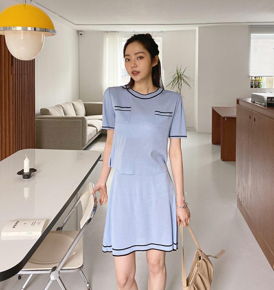 配色ポケットニット&AラインスカートSET・全3色・t65154 レディース 【ops】【韓国 ファッション ワンピース ミニ ミニワンピース 半袖 セット メリハリ 配色 ラウンドネック スカート Aライン セットアップ ライン 体型カバー 細身 ポケット 夏 春】