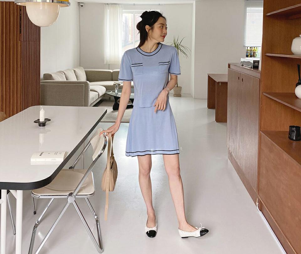 配色ポケットニット&AラインスカートSET・全3色・t65154 レディース 【ops】【韓国 ファッション ワンピース ミニ ミニワンピース 半袖 セット メリハリ 配色 ラウンドネック スカート Aライン セットアップ ライン 体型カバー 細身 ポケット 夏 春】