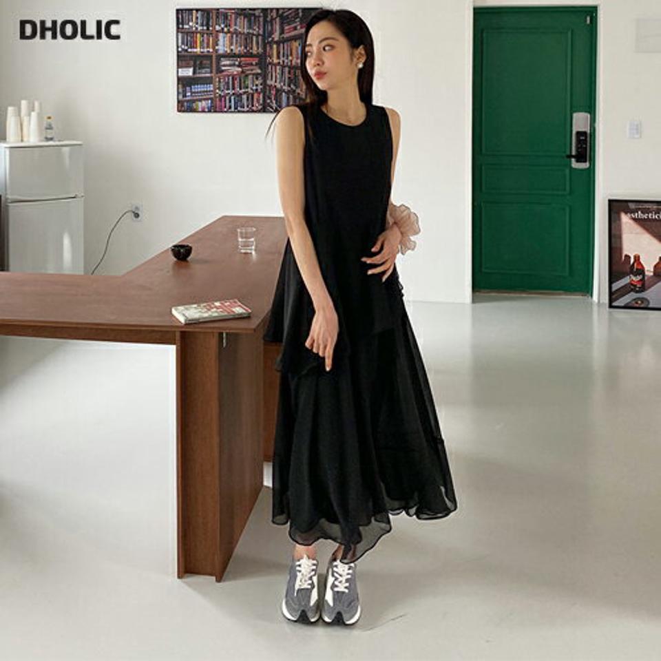 ティアードスリーブレスワンピース・全2色・t65150 レディース 【ops】【韓国 ファッション ワンピース ロング ロングワンピース スリーブレス ノースリーブ ラウンドネック アンバランス ティアード 体型カバー 細身 夏 春】