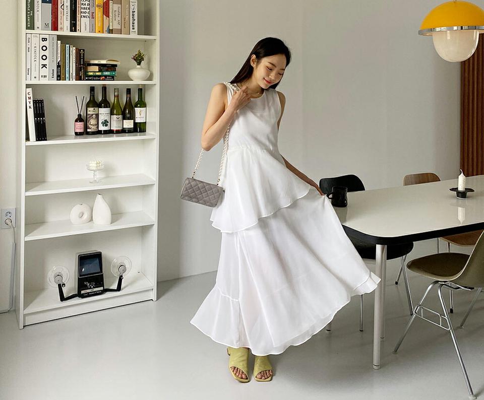 ティアードスリーブレスワンピース・全2色・t65150 レディース 【ops】【韓国 ファッション ワンピース ロング ロングワンピース スリーブレス ノースリーブ ラウンドネック アンバランス ティアード 体型カバー 細身 夏 春】