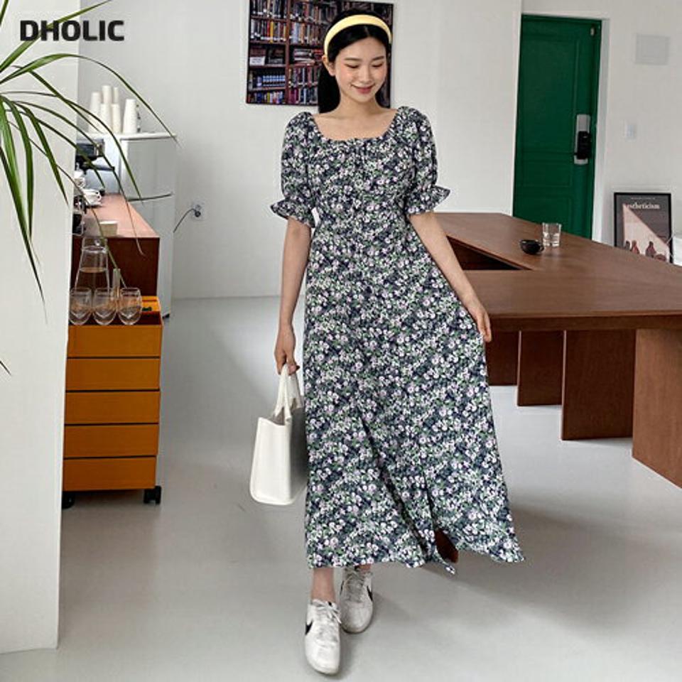 【全品10%OFF】2WAYボタンフラワーワンピース・全2色・t64142 レディース 【ops】【韓国 ファッション ワンピース ロング ロングワンピース 半袖 ボタン 花柄 フラワー パターン ショルダー ゴム リボン オフショル スクエアネック フェミニン 体型カバー 春 夏】【NIJU】