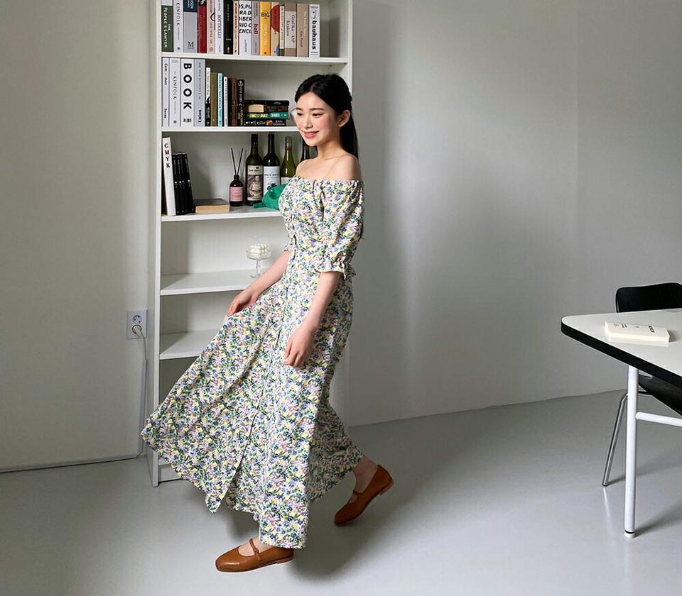 【全品10%OFF】2WAYボタンフラワーワンピース・全2色・t64142 レディース 【ops】【韓国 ファッション ワンピース ロング ロングワンピース 半袖 ボタン 花柄 フラワー パターン ショルダー ゴム リボン オフショル スクエアネック フェミニン 体型カバー 春 夏】【NIJU】