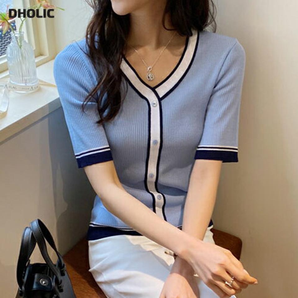 【只今10%OFF】配色Vネックリブニット・全3色・b57354 レディース 【tops】【韓国 ファッション トップス ニット 半袖 配色 ライン Vネック リブ フィット スリム デコルテ 体型カバー 細身 フェミニン 夏 春】
