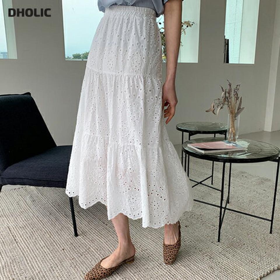 アイレットレーススカート・全2色・b62067 レディース 【sk】【韓国 ファッション ボトムス スカート ロング ロングスカート 花柄 フラワー パターン アイレットレース ティアード 大人 ゴム カジュアル フェミニン 体型カバー 細身 夏 春】