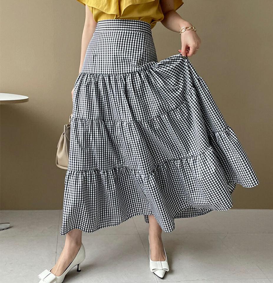 ≪人気商品再入荷≫ギンガムチェックティアードスカート・全3色・b68384 レディース 【sk】 スカート ロング ティアード チェック柄 ギンガムチェック ガーリー 可愛い かわいい 春 夏 秋 韓国ファッション ハイホリHIHOLLI