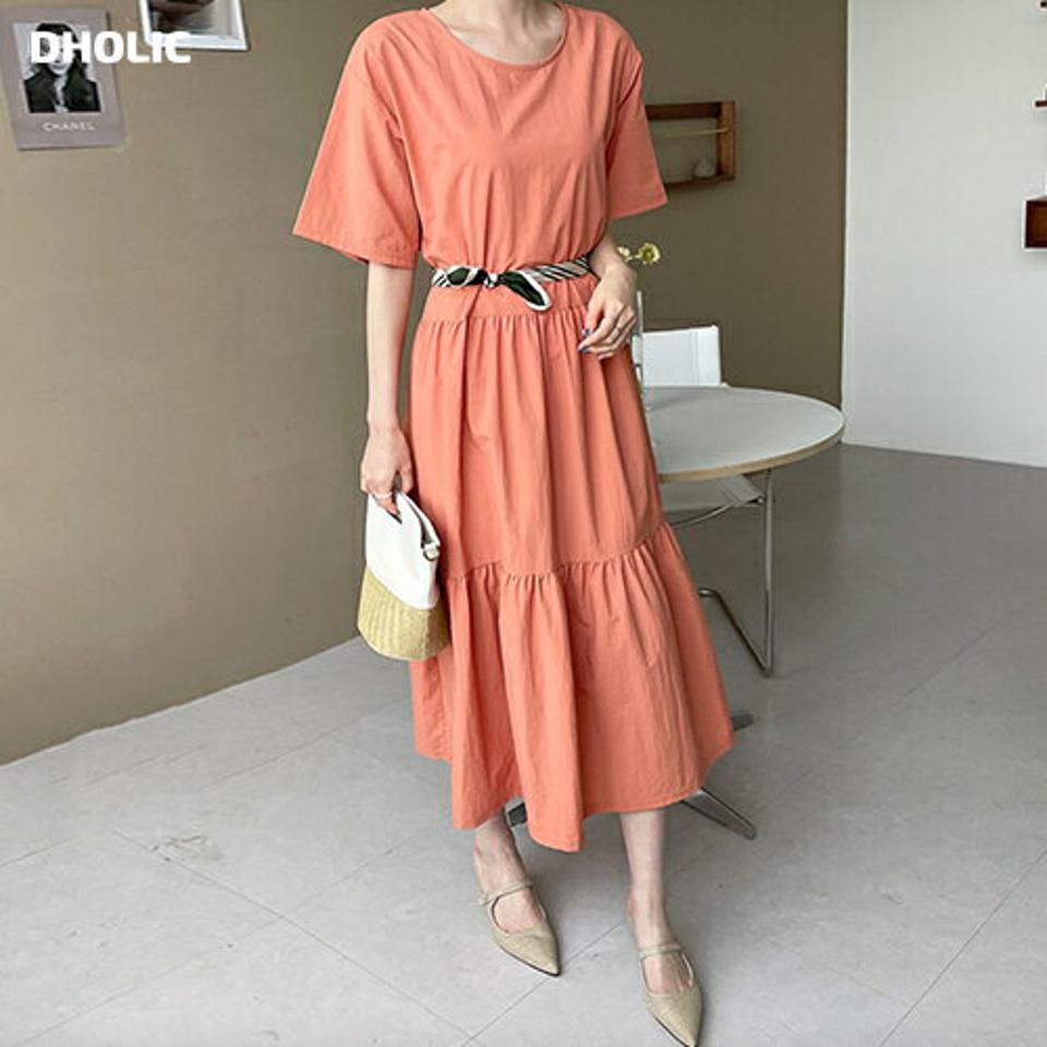 半袖ティアードワンピース・全4色・b68337 レディース 【ops】 ワンピース ロング ロングワンピース 半袖 ハーフスリーブ ティアード 単色 無地 フェミニン シンプル 春 夏 韓国 ファッション ハイホリHIHOLLI