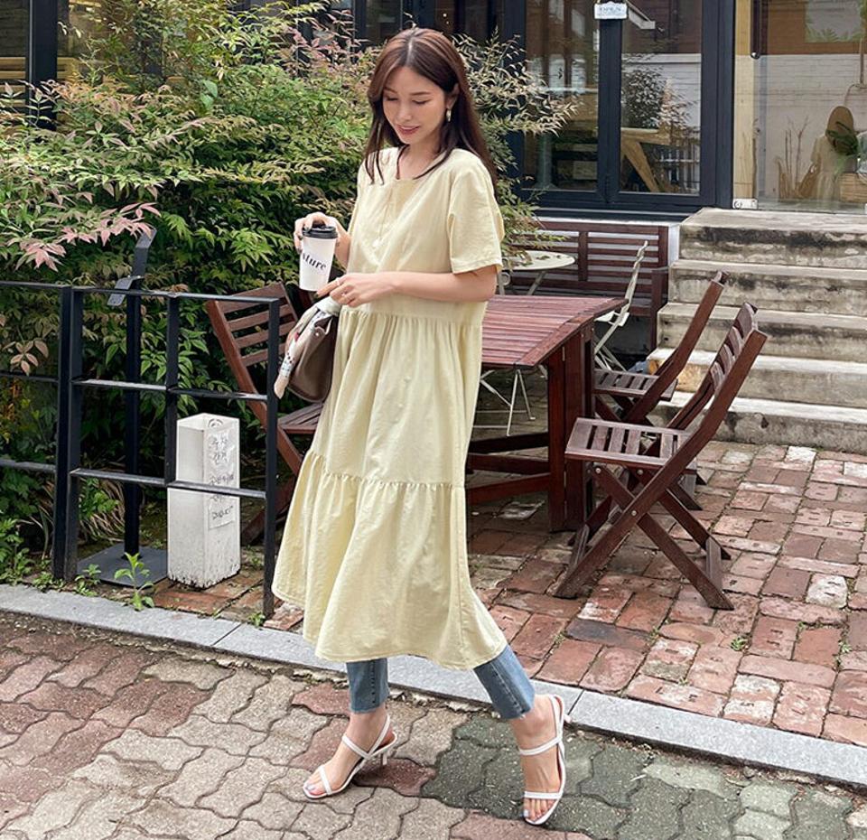 半袖ティアードワンピース・全4色・b68337 レディース 【ops】 ワンピース ロング ロングワンピース 半袖 ハーフスリーブ ティアード 単色 無地 フェミニン シンプル 春 夏 韓国 ファッション ハイホリHIHOLLI