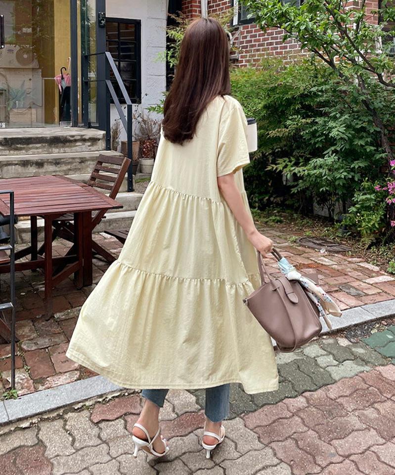 半袖ティアードワンピース・全4色・b68337 レディース 【ops】 ワンピース ロング ロングワンピース 半袖 ハーフスリーブ ティアード 単色 無地 フェミニン シンプル 春 夏 韓国 ファッション ハイホリHIHOLLI