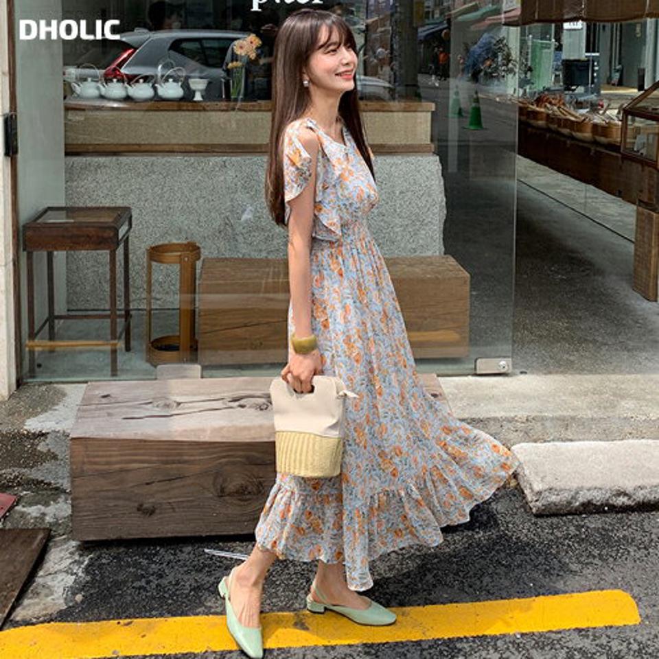 フローラルシャーリングワンピース・全4色・t62062 レディース 【ops】 韓国 ファッション ワンピース ロング ロングワンピース 半袖 シャーリング 花柄 フェミニン Vネック リボン ギャザー フレア ショートスリーブ Aライン 体型カバー 夏 春