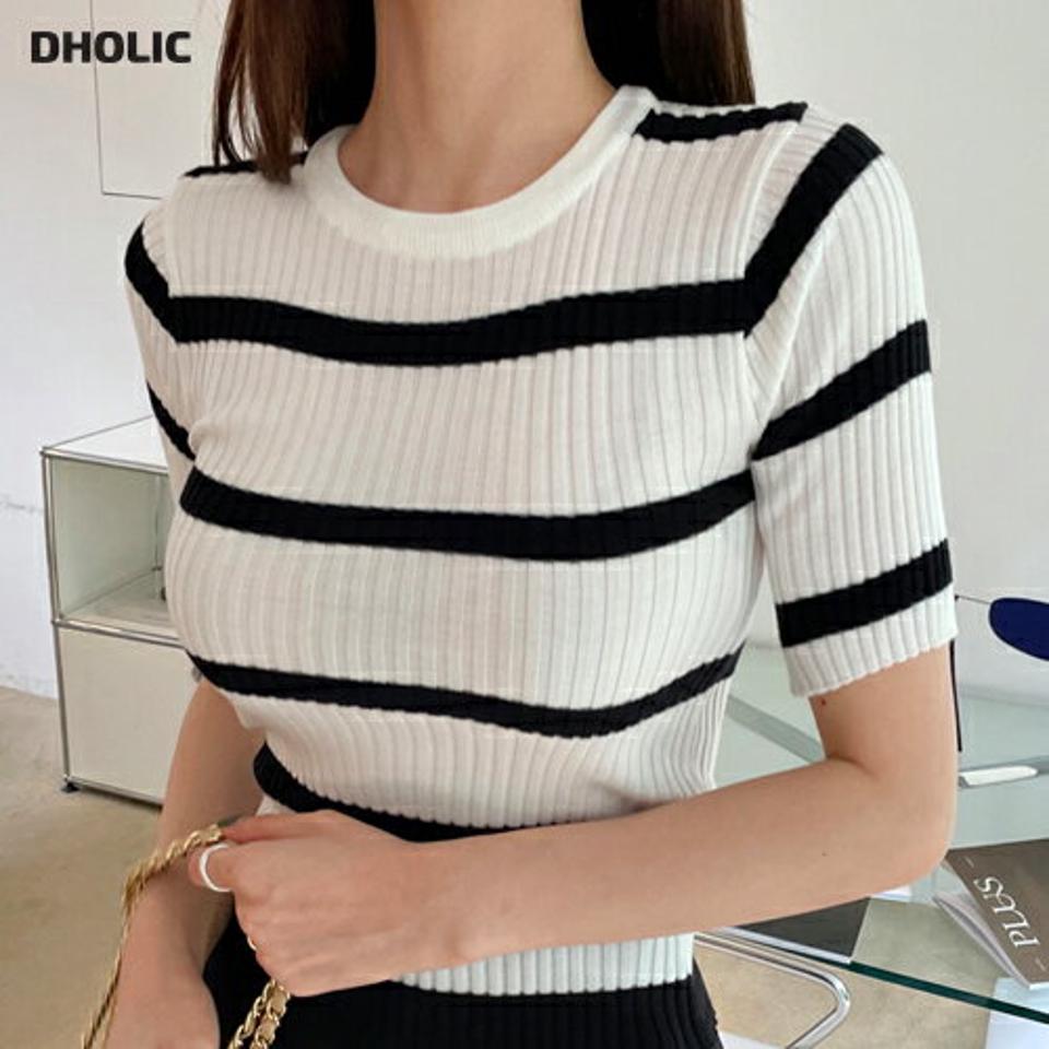 ≪人気商品再入荷≫ボーダー配色リブニット・全2色・b68336 レディース 【tops】 トップス ニット ニットトップス リブ ボーダー柄 半袖 ハーフスリーブ カジュアル ラフ 春 夏 韓国ファッション ハイホリHIHOLLI