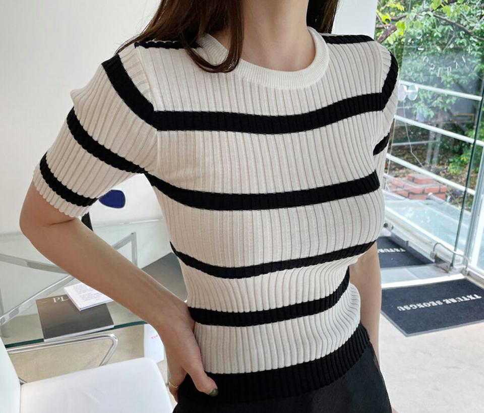 ≪人気商品再入荷≫ボーダー配色リブニット・全2色・b68336 レディース 【tops】 トップス ニット ニットトップス リブ ボーダー柄 半袖 ハーフスリーブ カジュアル ラフ 春 夏 韓国ファッション ハイホリHIHOLLI