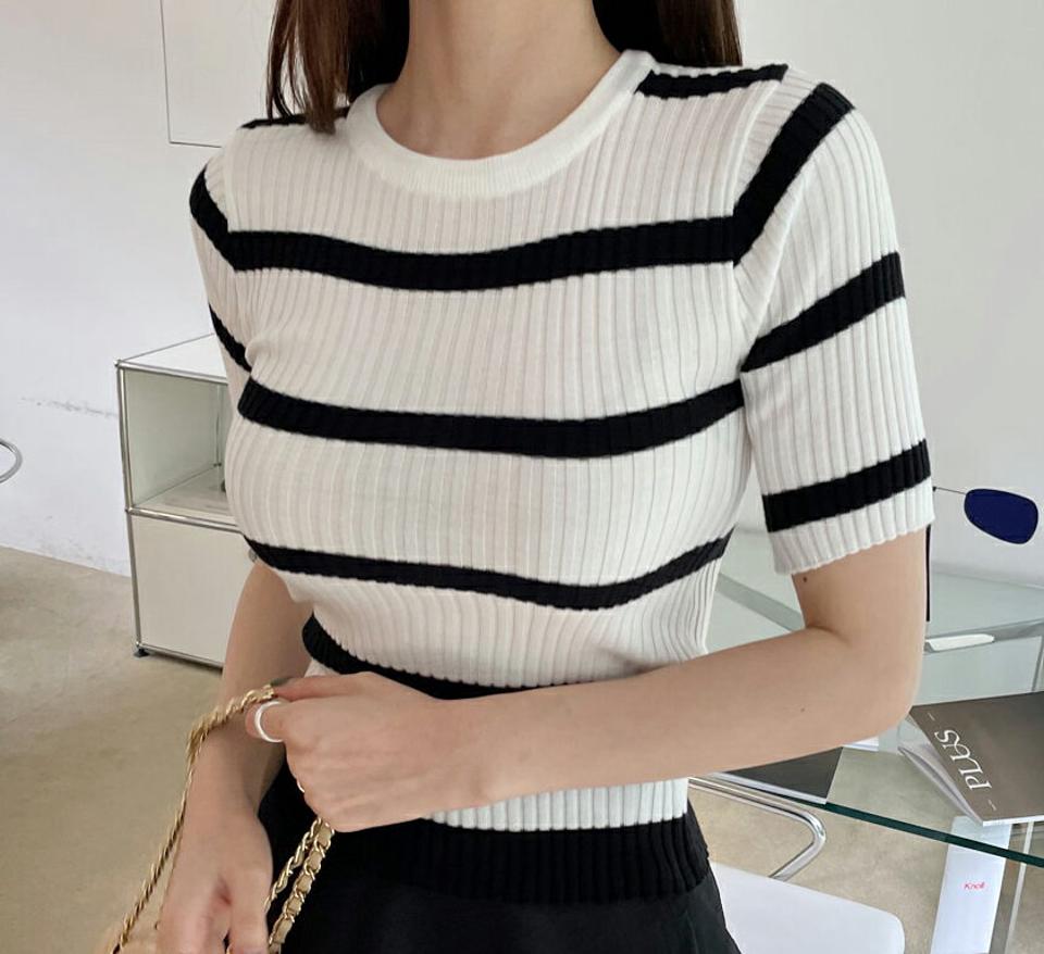 ≪人気商品再入荷≫ボーダー配色リブニット・全2色・b68336 レディース 【tops】 トップス ニット ニットトップス リブ ボーダー柄 半袖 ハーフスリーブ カジュアル ラフ 春 夏 韓国ファッション ハイホリHIHOLLI