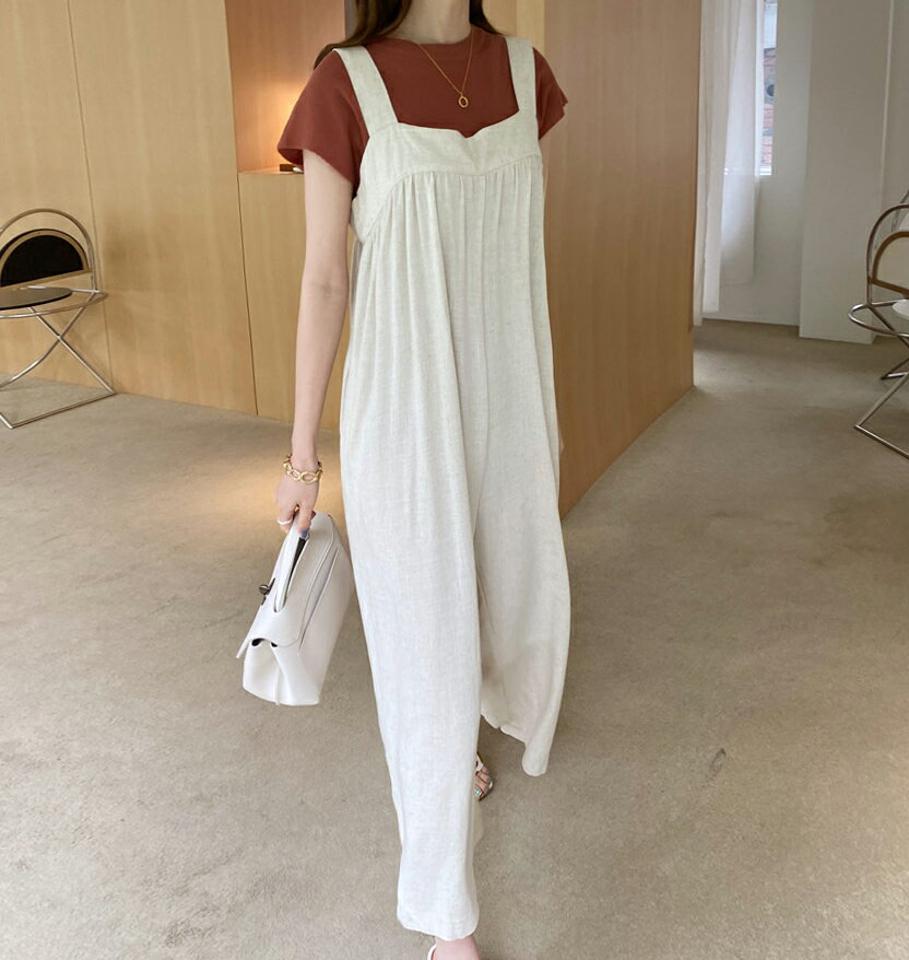 【只今10%OFF】リネン混ワイドオールインワン・全2色・t68381 レディース 【pt】【オールインワン パンツ ズボン ロングパンツ スリーブレス ノースリーブ リネン ワイド 単色 無地 シンプル カジュアル レイヤード 春 夏 韓国 ファッション】【ハイホリHIHOLLI】