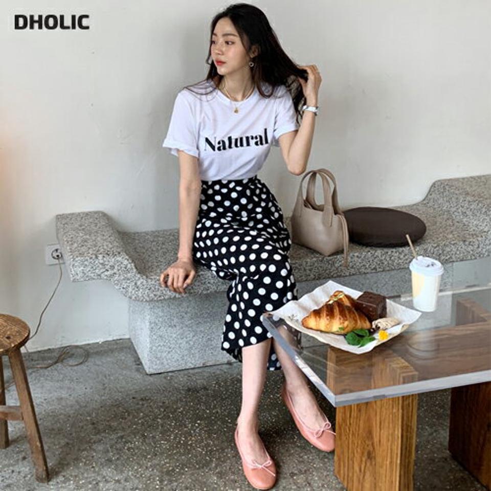 レタリングTシャツ&ドットスカートSET・全1色・b62060 レディース 【ops】 韓国 ファッション ワンピース ロング ロングワンピース 半袖 セット Tシャツ レタリング ラウンドネック ハーフスリーブ スカート ガーリー Aライン カジュアル 体型カバー 夏 春