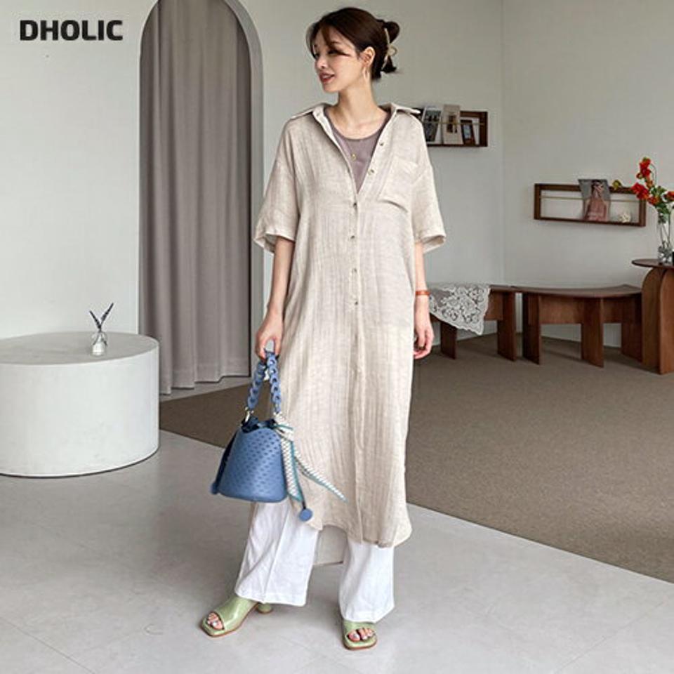 バックドロストシャツワンピース・全2色・t68380 レディース 【ops】 ワンピース ロング シャツワンピース ドロスト バックシャン 半袖 ハーフスリーブ カジュアル ラフ 大人 春 夏 韓国 ファッション ハイホリHIHOLLI