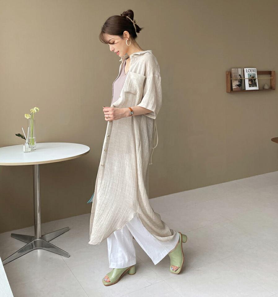 バックドロストシャツワンピース・全2色・t68380 レディース 【ops】 ワンピース ロング シャツワンピース ドロスト バックシャン 半袖 ハーフスリーブ カジュアル ラフ 大人 春 夏 韓国 ファッション ハイホリHIHOLLI