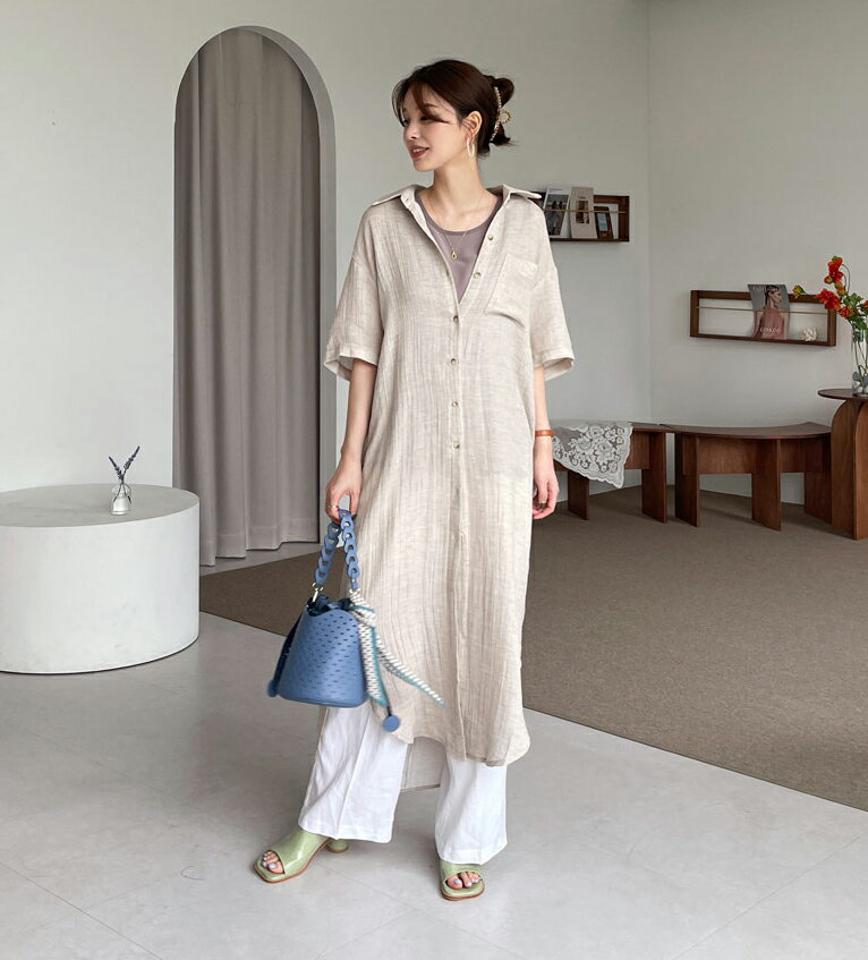 バックドロストシャツワンピース・全2色・t68380 レディース 【ops】 ワンピース ロング シャツワンピース ドロスト バックシャン 半袖 ハーフスリーブ カジュアル ラフ 大人 春 夏 韓国 ファッション ハイホリHIHOLLI