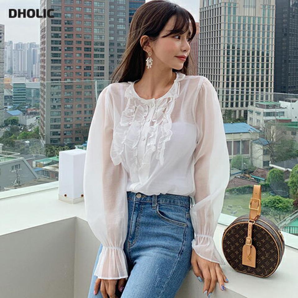 フリルシアーブラウス・全2色・t62063 レディース 【bl】【韓国 ファッション トップス ブラウス 長袖 フリル ボリューム 光沢 上品 透け感 レイヤード風 フェミニン 体型カバー スリム ボリューム 夏 春】