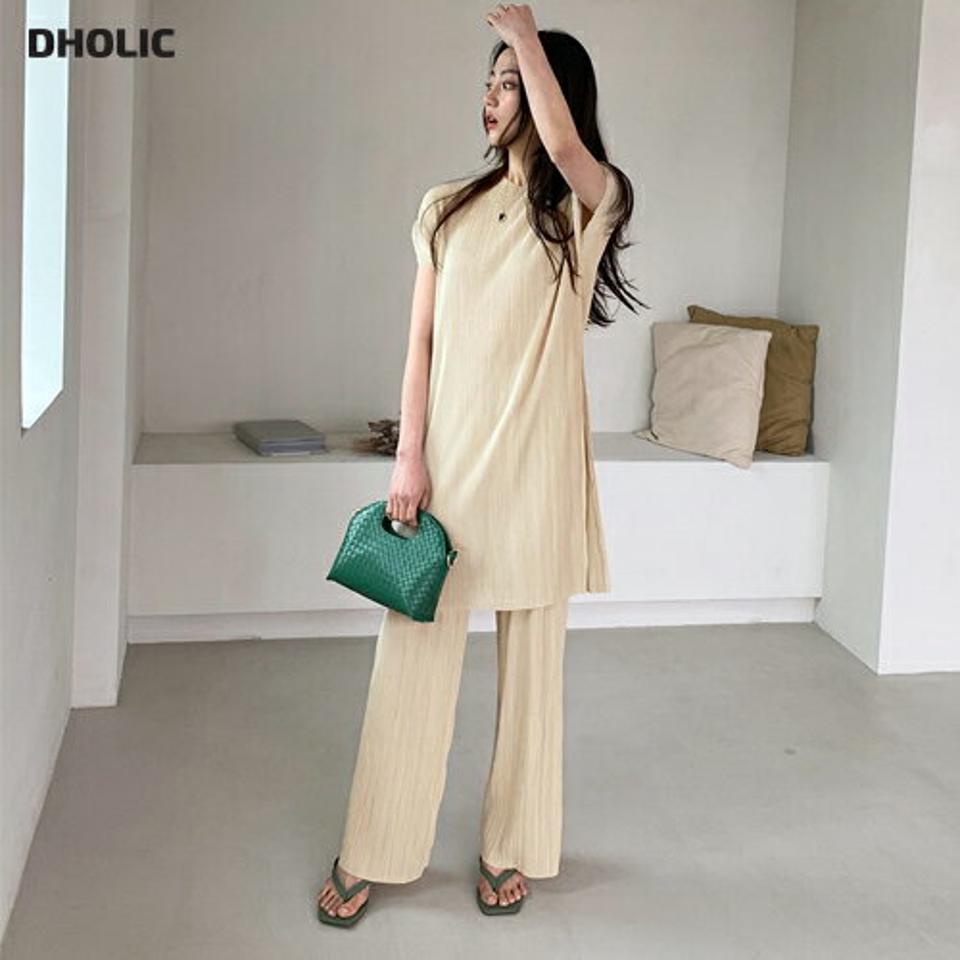 プリーツスリットTシャツ&パンツSET・全3色・t62013 レディース 【pt】【韓国 ファッション ボトムス ロング ロングパンツ 美脚 プリーツ セットアップ セット ラウンドネック Hライン 大人 スリム 10分丈 体型カーバー 細身 夏 春】