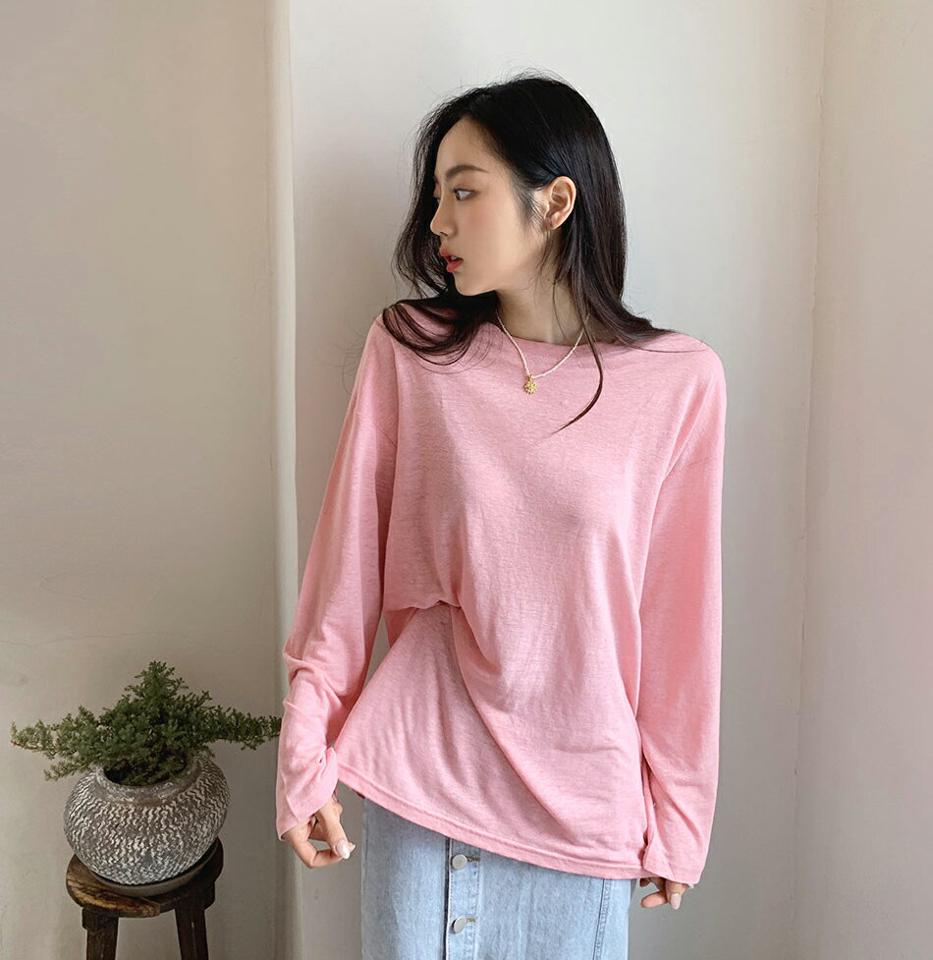 リネンブレンドTシャツ・全6色・t62056 レディース 【tops】 韓国 ファッション トップス Tシャツ 長袖 リネンブレンド ラフ ドロップショルダー ベーシック ルーズ ゆったり ラウンドネック カジュアル 体型カーバー 細身 夏 春