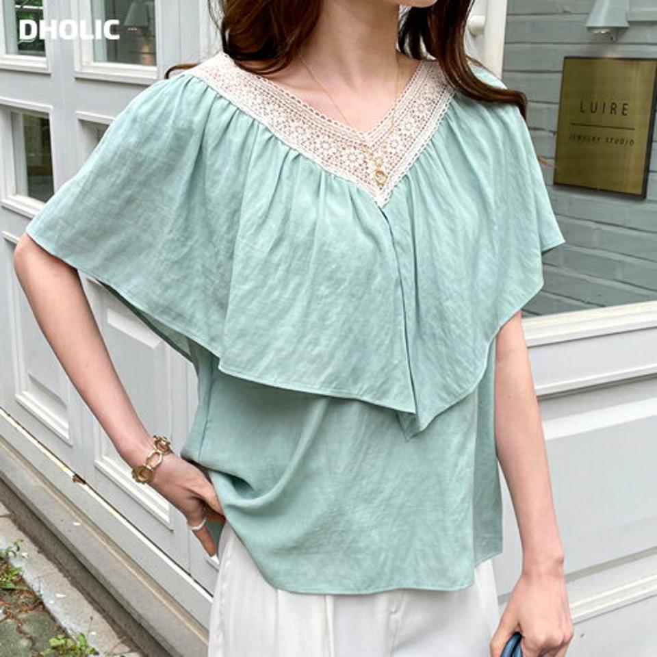 レースラッフルブラウス・全3色・t68284 レディース 【bl】【トップス ブラウス ラッフル レース 大人 ガーリー 春 夏 韓国 ファッション】【ハイホリHIHOLLI】