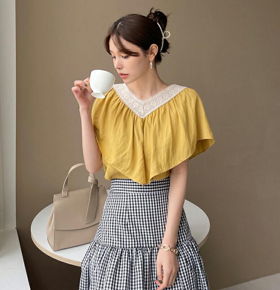 レースラッフルブラウス・全3色・t68284 レディース 【bl】【トップス ブラウス ラッフル レース 大人 ガーリー 春 夏 韓国 ファッション】【ハイホリHIHOLLI】