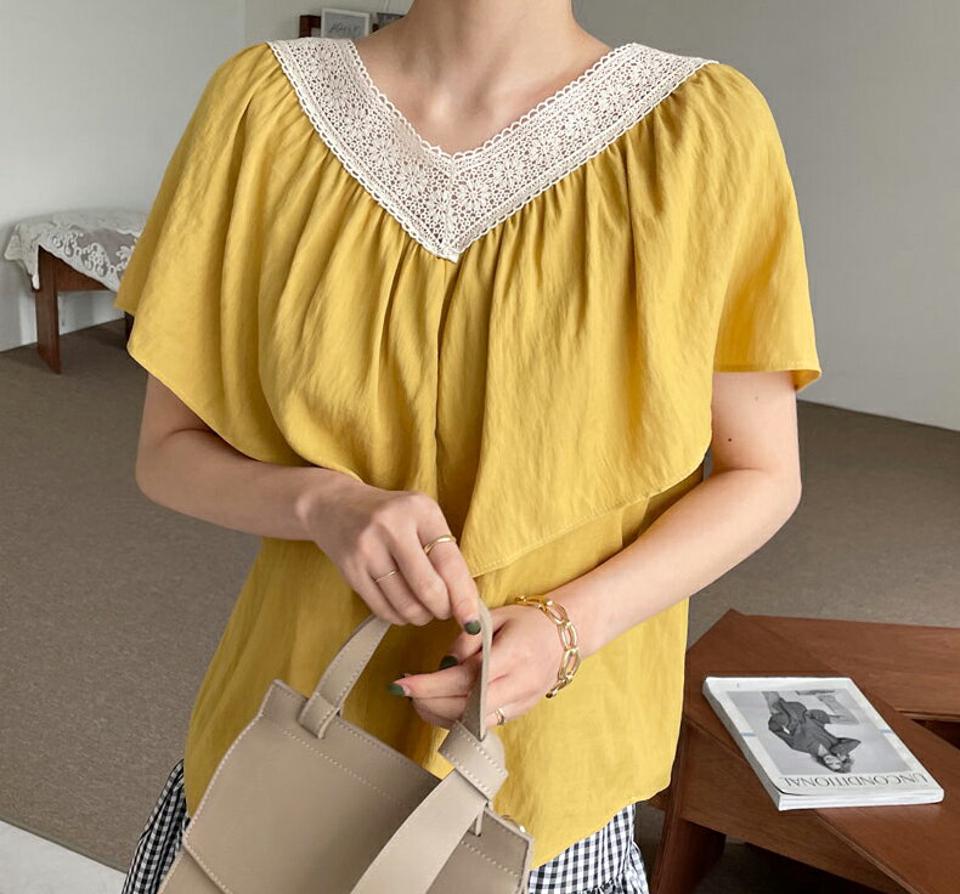 レースラッフルブラウス・全3色・t68284 レディース 【bl】【トップス ブラウス ラッフル レース 大人 ガーリー 春 夏 韓国 ファッション】【ハイホリHIHOLLI】