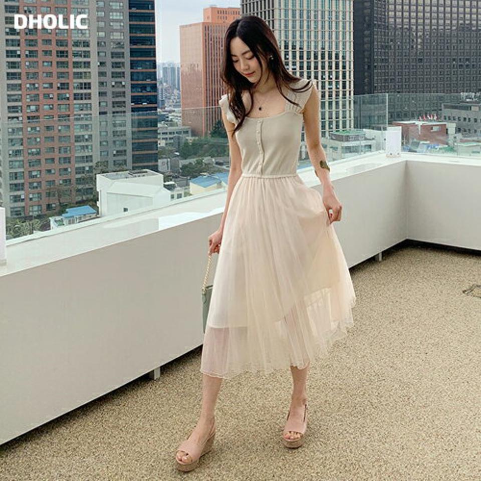 スクエアパール調ボタンニットワンピース・全1色・t62041 レディース 【ops】【韓国 ファッション ワンピース ロング ロングワンピース 半袖 異素材 パール ニットワンピース シフォン ゴム スリーブレス スクエアネック Aライン 体型カバー 夏 春】