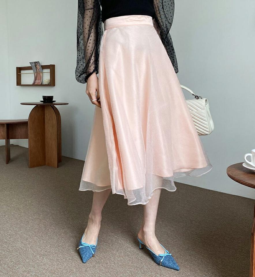 オーガンジーAラインスカート・全2色・b68353 レディース 【sk】【スカート ミディ丈 ミディスカート Aライン オーガンジー ツヤ 光沢 透け感 シアー シースルー フェミニン 大人 シンプル かわいい 春 夏 韓国 ファッション】【ハイホリHIHOLLI】