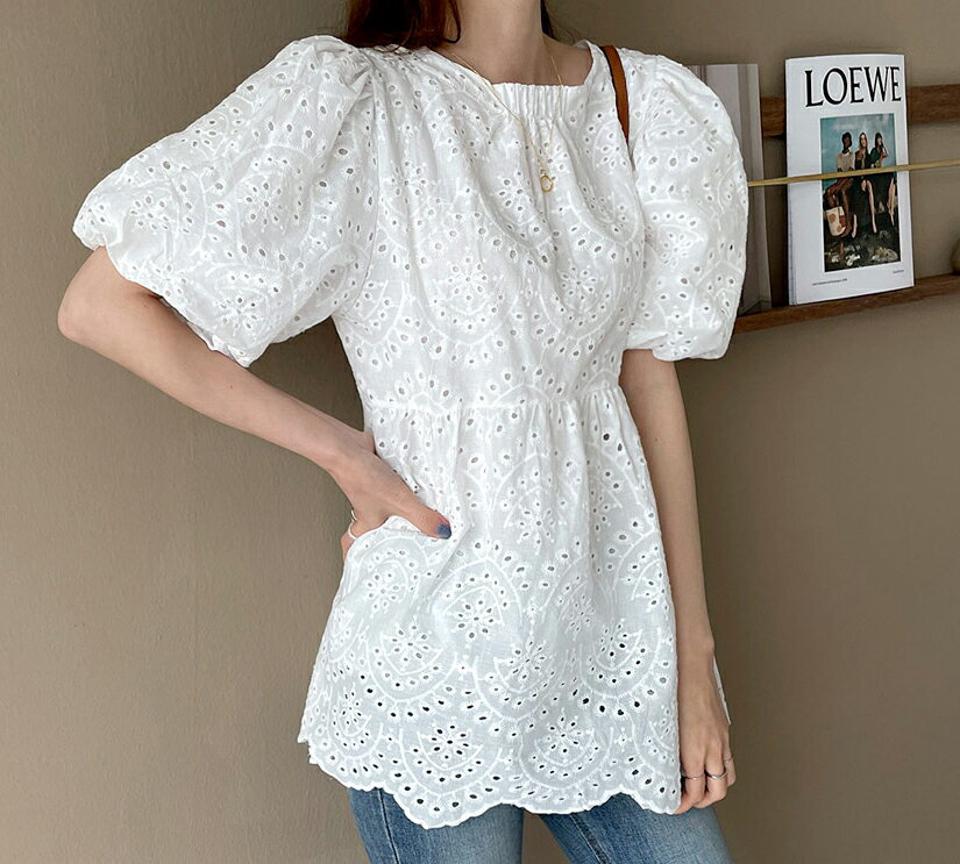 アイレットレースバルーンブラウス・全3色・b68377 レディース 【bl】【トップス ブラウス 半袖 ハーフスリーブ レース アイレット フェミニン 総レース 可愛い かわいい 春 夏 韓国 ファッション】【ハイホリHIHOLLI】