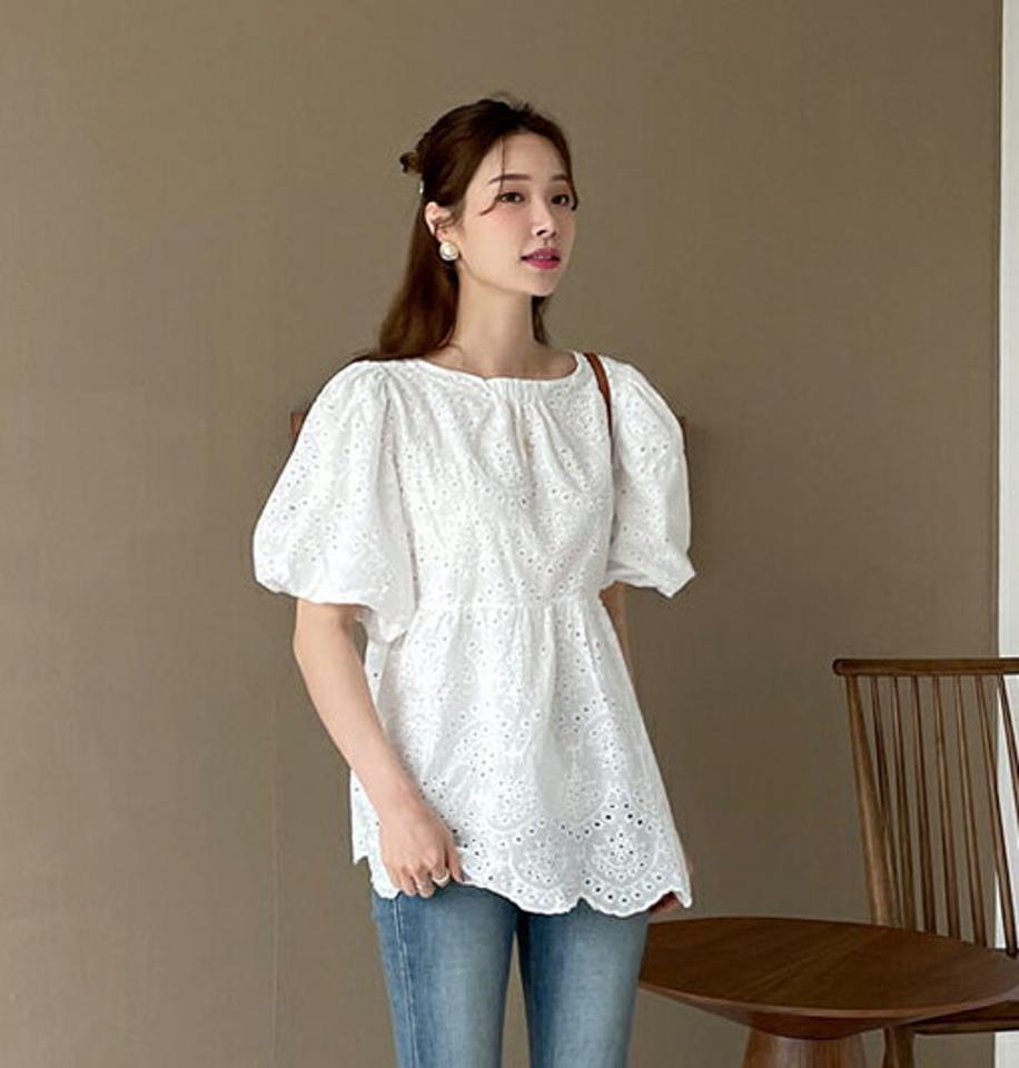 アイレットレースバルーンブラウス・全3色・b68377 レディース 【bl】【トップス ブラウス 半袖 ハーフスリーブ レース アイレット フェミニン 総レース 可愛い かわいい 春 夏 韓国 ファッション】【ハイホリHIHOLLI】