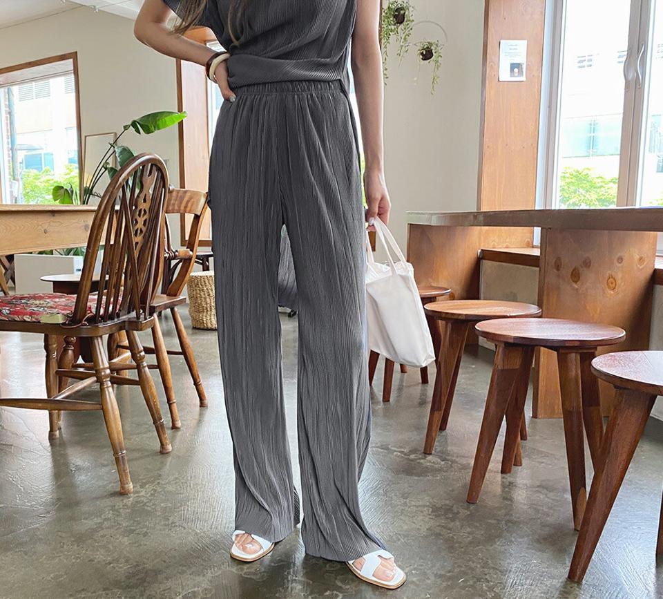 プリーツワイドパンツ・全3色・t61983 レディース 【pt】【韓国 ファッション ボトムス ロング ロングパンツ 美脚 プリーツ ゴム ハイウエスト 足長 ワイド ワイドパンツ 大人 スリム 10分丈 体型カーバー 細身 夏 春】