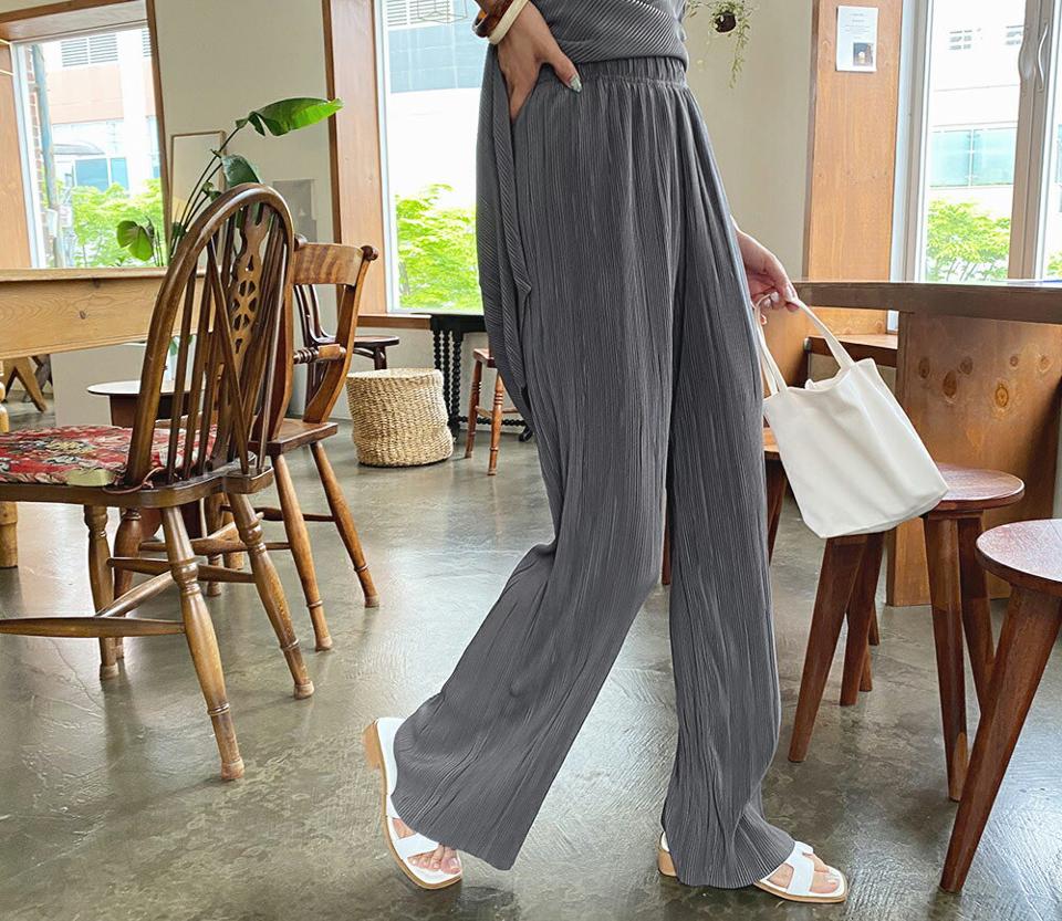 プリーツワイドパンツ・全3色・t61983 レディース 【pt】【韓国 ファッション ボトムス ロング ロングパンツ 美脚 プリーツ ゴム ハイウエスト 足長 ワイド ワイドパンツ 大人 スリム 10分丈 体型カーバー 細身 夏 春】