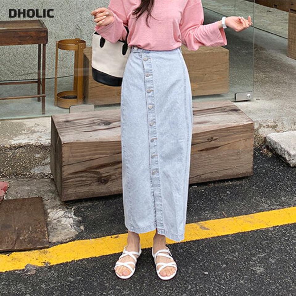 ダイアゴナルデニムスカート・全1色・t62032 レディース 【sk】【韓国 ファッション ボトムス スカート ロング ロングスカート ダイアゴナル デニム Hライン ボタン ユニーク 大人 カジュアル フェミニン 体型カバー 細身 夏 春】