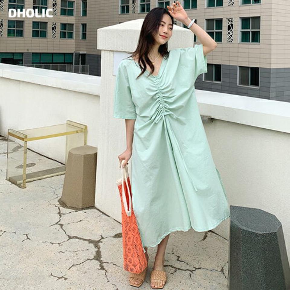 Vネックドロストワンピース・全4色・b62042 レディース 【ops】【韓国 ファッション ワンピース ロング ロングワンピース 半袖 Vネック ギャザー フェミニン 大人 ハーフスリーブ ストラップ ルーズ カジュアル 体型カバー 夏 春】