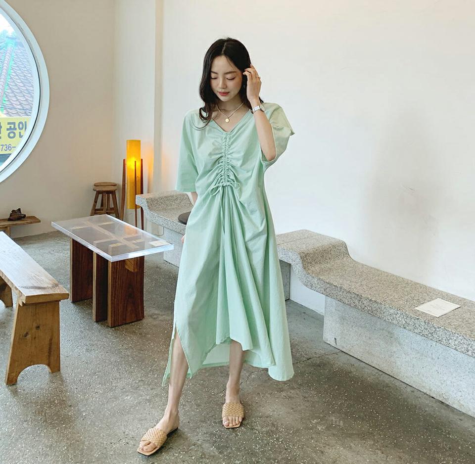 Vネックドロストワンピース・全4色・b62042 レディース 【ops】【韓国 ファッション ワンピース ロング ロングワンピース 半袖 Vネック ギャザー フェミニン 大人 ハーフスリーブ ストラップ ルーズ カジュアル 体型カバー 夏 春】