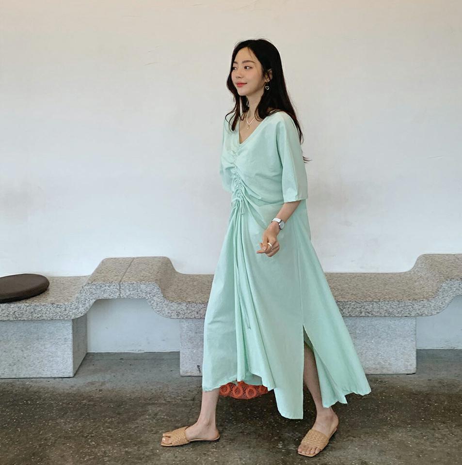 Vネックドロストワンピース・全4色・b62042 レディース 【ops】【韓国 ファッション ワンピース ロング ロングワンピース 半袖 Vネック ギャザー フェミニン 大人 ハーフスリーブ ストラップ ルーズ カジュアル 体型カバー 夏 春】