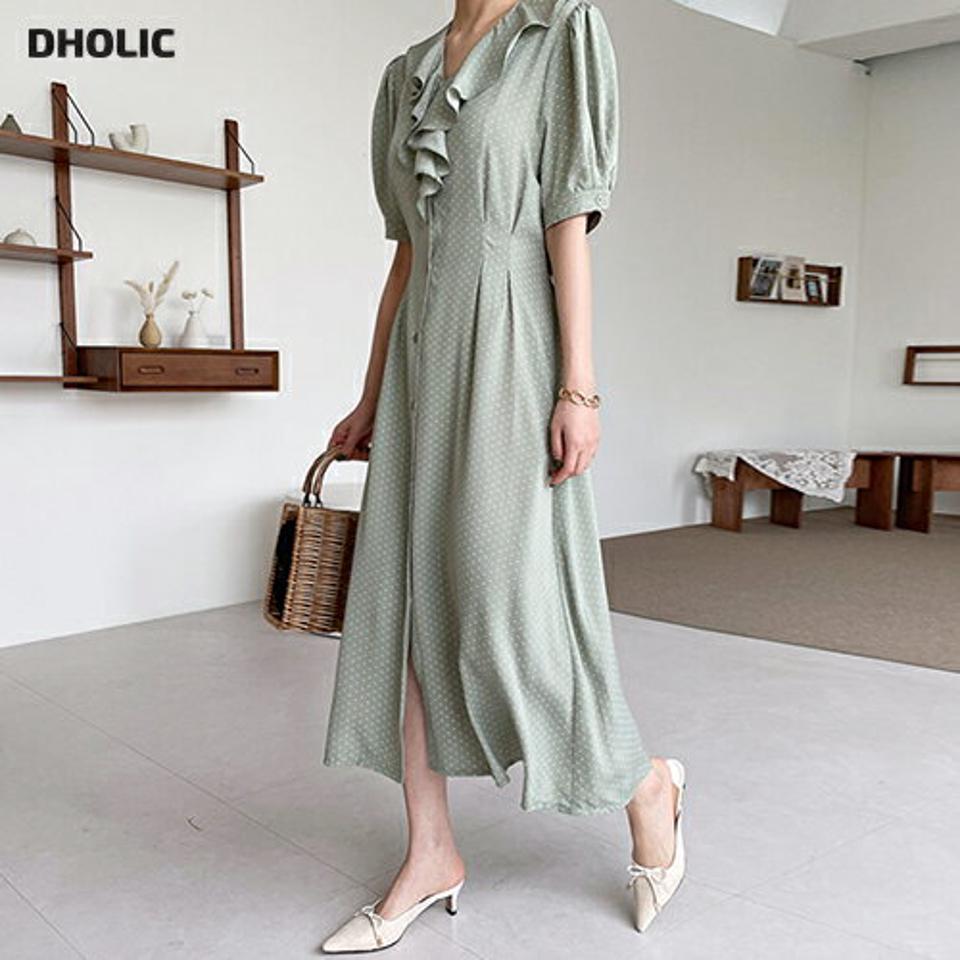 フリルネックドットワンピース・全2色・t68379 レディース 【ops】【ワンピース ロング 半袖 ハーフスリーブ ドット柄 フリルネック フリル ガーリー 可愛い かわいい 春 夏 韓国 ファッション】【ハイホリHIHOLLI】