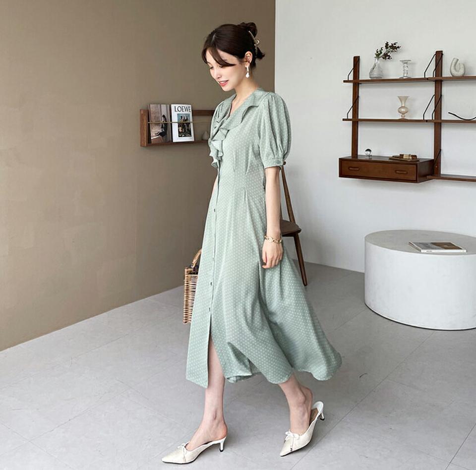 フリルネックドットワンピース・全2色・t68379 レディース 【ops】【ワンピース ロング 半袖 ハーフスリーブ ドット柄 フリルネック フリル ガーリー 可愛い かわいい 春 夏 韓国 ファッション】【ハイホリHIHOLLI】