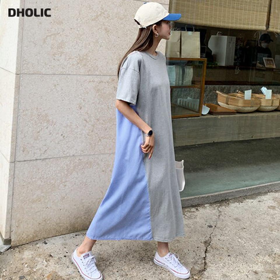 【全品10%OFF】ストライプ配色ワンピース・全4色・b62065 レディース 【ops】【韓国 ファッション ワンピース ロング ロングワンピース 半袖 ストライプ パターン 無地 コントラスト Tシャツワンピース ラウンドネック Tシャツ ルーズ ゆったり 体型カバー 夏 春】