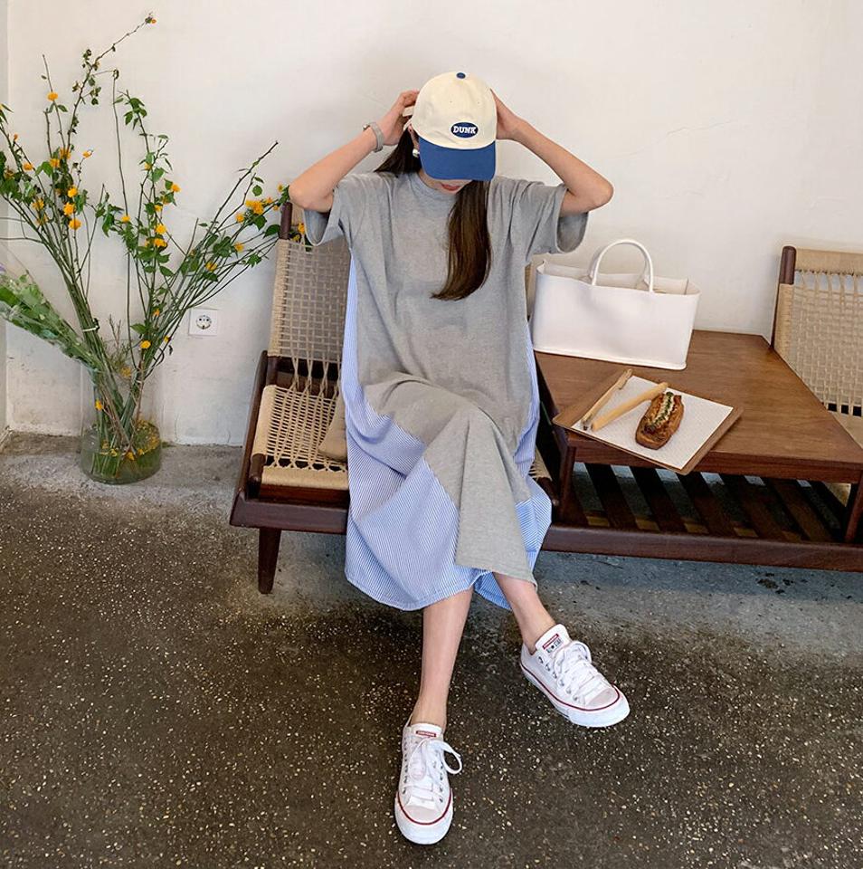 【全品10%OFF】ストライプ配色ワンピース・全4色・b62065 レディース 【ops】【韓国 ファッション ワンピース ロング ロングワンピース 半袖 ストライプ パターン 無地 コントラスト Tシャツワンピース ラウンドネック Tシャツ ルーズ ゆったり 体型カバー 夏 春】