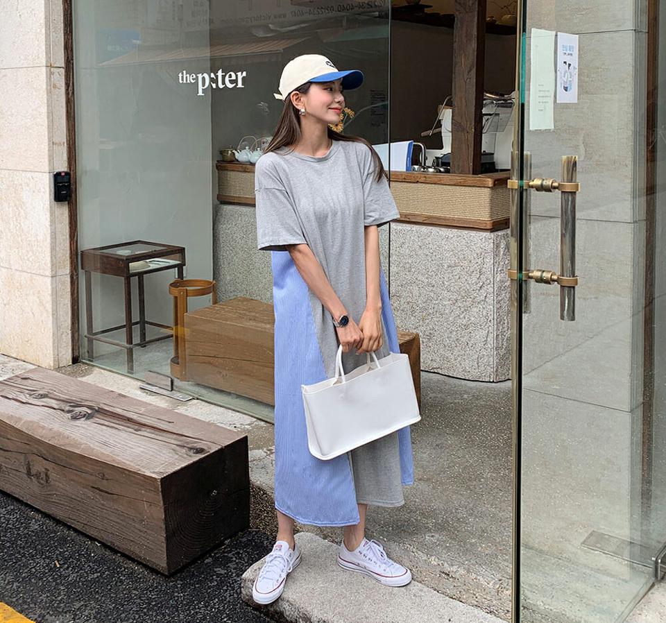 【全品10%OFF】ストライプ配色ワンピース・全4色・b62065 レディース 【ops】【韓国 ファッション ワンピース ロング ロングワンピース 半袖 ストライプ パターン 無地 コントラスト Tシャツワンピース ラウンドネック Tシャツ ルーズ ゆったり 体型カバー 夏 春】