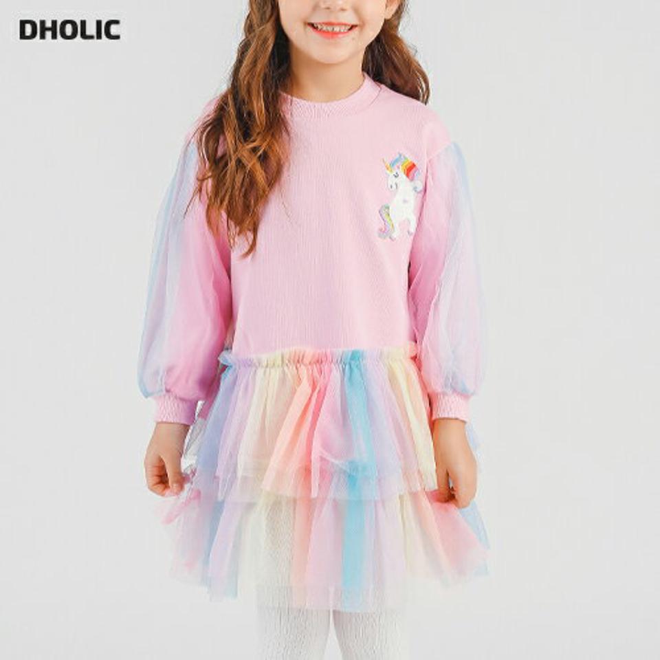 ユニコーンカラフルチュールワンピース p006992 キッズ 【3~8才】【ops】【韓国 ファッション ワンピース ミディ ミドル 膝丈 長袖 Hライン Tシャツ カットソー パターン 柄 ロゴ 女の子 レインボーキッズ 子供用 幼稚園 通学 通園 春 秋 冬】【KIDS】