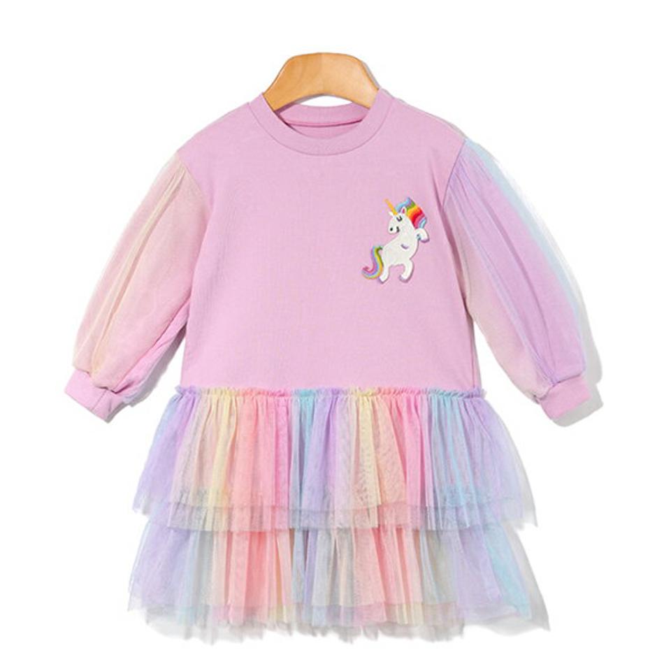 ユニコーンカラフルチュールワンピース p006992 キッズ 【3~8才】【ops】【韓国 ファッション ワンピース ミディ ミドル 膝丈 長袖 Hライン Tシャツ カットソー パターン 柄 ロゴ 女の子 レインボーキッズ 子供用 幼稚園 通学 通園 春 秋 冬】【KIDS】