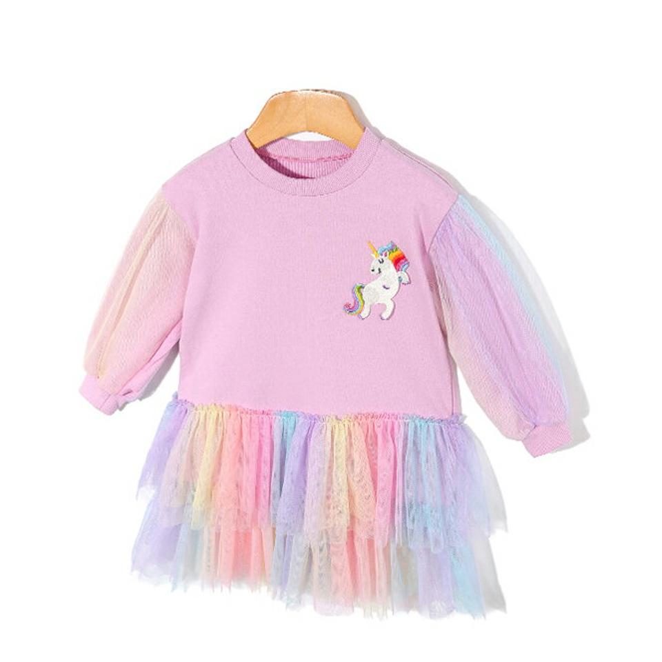 ユニコーンカラフルチュールワンピース p006992 キッズ 【3~8才】【ops】【韓国 ファッション ワンピース ミディ ミドル 膝丈 長袖 Hライン Tシャツ カットソー パターン 柄 ロゴ 女の子 レインボーキッズ 子供用 幼稚園 通学 通園 春 秋 冬】【KIDS】