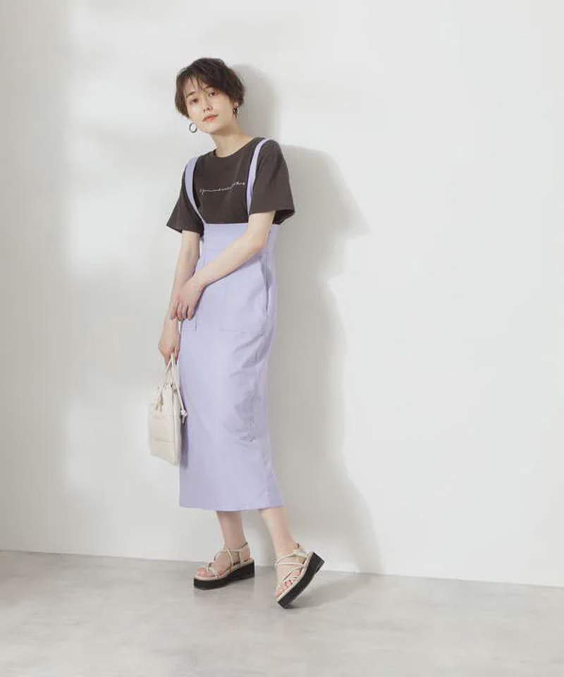 サスペンダー付麻混タイトスカート