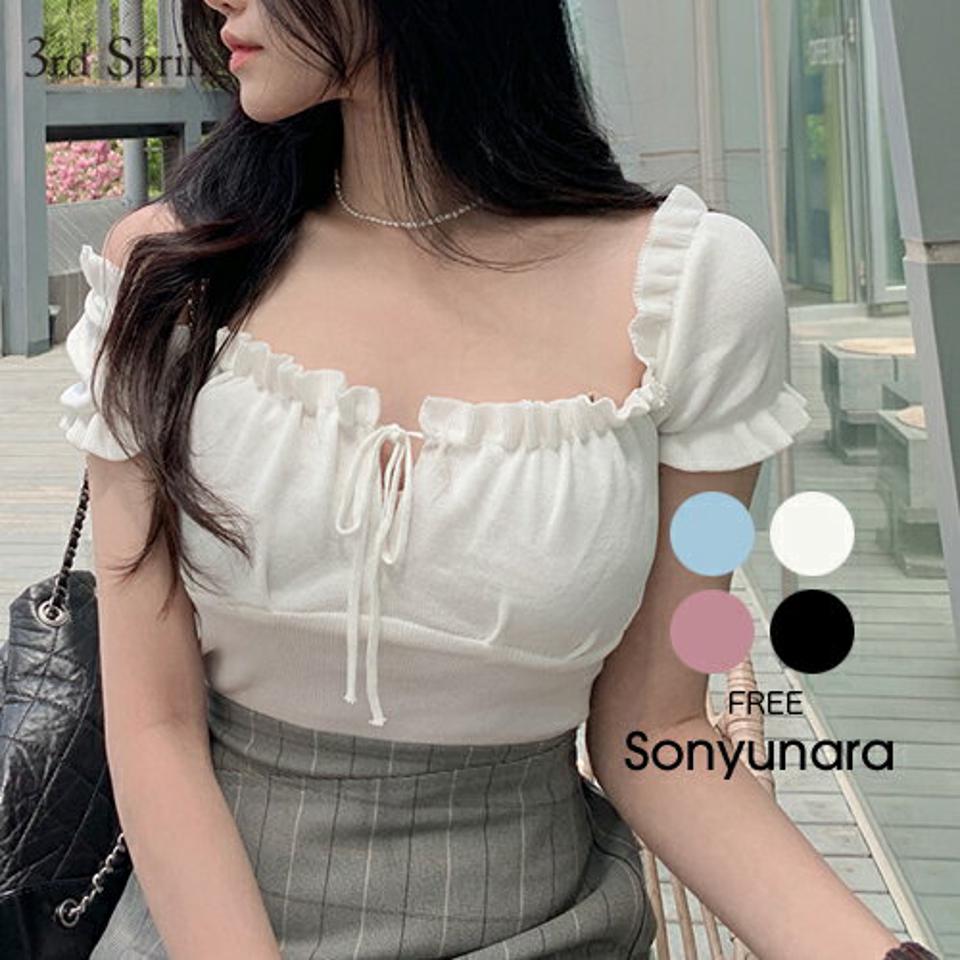 SONYUNARA(ソニョナラ)フリルリブ半袖ニット【5/11p_ka】韓国 韓国ファッション カットソー ニット 半袖 オフショルダー フリル クロップ ショート丈【5】